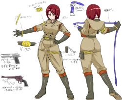 Rule 34 | 1girl, armband, bangle, black gloves, boots, bracelet, breasts, brown eyes, brown hair, character sheet, choker, desert eagle, gloves, gun, hand on own hip, handgun, highres, jewelry, knee boots, large breasts, multiple views, okyou, pistol, pouch, revolver, the king of fighters, thigh pouch, thigh strap, translation request, weapon, whip, whip (kof)