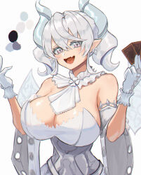 Rule 34 | 1girl, breasts, card, cleavage, demon girl, demon horns, demon wings, dress, duel monster, gloves, grey eyes, holding, horns, large breasts, looking at viewer, lovely labrynth of the silver castle, low wings, moppo, multiple wings, pointy ears, smile, solo, twintails, white hair, white horns, wings, yu-gi-oh!