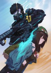 Rule 34 | 1boy, 1girl, absurdres, armor, beanie, black hair, blue eyes, blue jacket, brown hair, cover, cover page, denim, denim jacket, green headwear, hair behind ear, hat, highres, jacket, jin rou, looking to the side, mask, mouth mask, na hollo angon-gan, novel cover, official art, power armor, red eyes, science fiction, trigger discipline