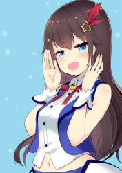 Rule 34 | 1girl, :o, blue background, blue eyes, blue vest, blush, breasts, brown hair, collared shirt, dress shirt, fingernails, hair between eyes, hair flaps, hair ornament, hair ribbon, half-closed eyes, hands up, hololive, long hair, looking at viewer, minamura haruki, navel, open clothes, open mouth, open vest, red ribbon, ribbon, shirt, simple background, sleeveless, sleeveless shirt, small breasts, solo, star (symbol), star hair ornament, starry background, teeth, tokino sora, tokino sora (1st costume), upper teeth only, very long hair, vest, virtual youtuber, waist cape, white shirt, wrist cuffs