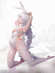 Rule 34 | 1girl, absurdres, ahoge, animal ears, arms up, azur lane, bare arms, braid, breasts, closed eyes, commentary, dutch angle, full body, highleg, highleg leotard, highres, le malin (azur lane), le malin (listless lapin) (azur lane), leaning back, leiq, leotard, long hair, medium breasts, no shoes, official alternate costume, pantyhose, playboy bunny, rabbit ears, silver hair, simple background, solo, twin braids, very long hair, white background, white leotard, white pantyhose, white theme