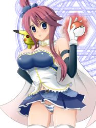 Rule 34 | :3, blue eyes, blush, breasts, cape, cleavage, cosplay, creatures (company), empty eyes, fay (fay axl), frown, game freak, gen 1 pokemon, gloves, gym leader, large breasts, magic circle, magical girl, mahou shoujo madoka magica, miki sayaka, miki sayaka (cosplay), miki sayaka (magical girl), navel, nintendo, panties, pantyshot, parody, pikachu, poke ball, pokemon, pokemon bw, red hair, skyla (pokemon), striped clothes, striped panties, thighhighs, underwear, white legwear