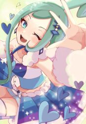 Rule 34 | 1girl, absurdres, arm warmers, creatures (company), earrings, eyelashes, game freak, green eyes, green hair, hair ornament, heart, highres, jewelry, lisia (pokemon), looking at viewer, midriff, navel, nintendo, one eye closed, open mouth, pokemon, pokemon oras, shorts, shorts under skirt, showgirl skirt, solo, ssn (sasa8u9r), teeth, thighhighs, upper teeth only, w