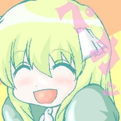 Rule 34 | 00s, 1girl, :d, ^ ^, blonde hair, blush, closed eyes, hair ribbon, long hair, lowres, media (pani poni), open mouth, pani poni dash!, portrait, ribbon, simple background, smile, solo, upper body, yellow background