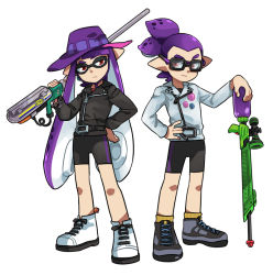 Rule 34 | 1boy, 1girl, badge, belt, bike shorts, bucket hat, button badge, e-liter 3k (splatoon), full body, glasses, gomipomi, hand on own hip, hat, inkling, inkling boy, inkling girl, inkling player character, jacket, leather, leather jacket, matching outfits, nintendo, pointy ears, ponytail, purple hair, red eyes, safari hat, scope, shoes, sidelocks, simple background, sneakers, splat charger (splatoon), splatoon (series), splatoon 1, standing, tentacle hair, white background