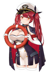 Rule 34 | 1girl, azur lane, bad id, bad pixiv id, black jacket, blush, bobby36446329, breasts, buttons, chain, cleavage, closed mouth, covered navel, cowboy shot, cropped legs, double-breasted, dress, elbow gloves, gloves, hair ribbon, hat, highres, holding, holding swim ring, honolulu (azur lane), innertube, jacket, jacket on shoulders, korean commentary, large breasts, lifebuoy, long hair, looking at viewer, military hat, mixed-language commentary, peaked cap, red eyes, red hair, red ribbon, ribbon, scowl, side slit, simple background, solo, swim ring, taut clothes, taut dress, thighhighs, thighs, twintails, two-sided fabric, two-sided jacket, v-shaped eyebrows, white background, white dress, white gloves, white hat, white thighhighs