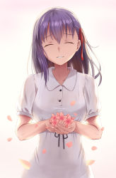 Rule 34 | 1girl, ^ ^, backlighting, black ribbon, closed eyes, collared dress, dress, facing viewer, fate/stay night, fate (series), flower, gradient background, hair ribbon, holding, holding flower, long hair, matou sakura, official alternate costume, own hands together, parted lips, petals, pink flower, purple hair, red ribbon, ribbon, short sleeves, skyrail, solo, upper body, white dress