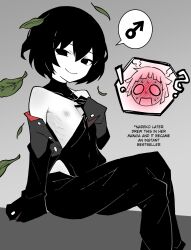 Rule 34 | !, !?, 1boy, 1girl, ?, absurdres, akableak, androgynous, bare shoulders, black eyes, black gloves, black jacket, black leotard, black pants, blush, bob cut, chibi, chibi inset, choppy bangs, closed mouth, collarbone, commentary, confused, covered navel, crossed legs, embarrassed, english text, falling leaves, feet out of frame, full-face blush, gakuran, gloves, gradient background, grey background, groin, hair between eyes, highleg, highleg leotard, highres, inverted bob, jacket, leaf, leotard, leotard pull, long sleeves, male focus, mars symbol, monogatari (series), naoetsu high school uniform, narrowed eyes, nervous sweating, nipples, o o, off shoulder, open clothes, open jacket, open mouth, oshino ougi, pale skin, pants, pulling own clothes, school uniform, sengoku nadeko, short hair, sitting, sleeveless turtleneck leotard, smile, solo focus, speech bubble, spoken mars symbol, rectangular mouth, steam, steaming body, sweat, symbol-only commentary, teasing, turtleneck, undressing, very sweaty