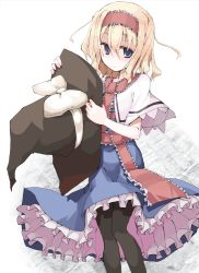 Rule 34 | 1girl, alice margatroid, black hat, black pantyhose, blonde hair, blue eyes, borrowed clothes, capelet, female focus, frills, gathers, hair between eyes, hairband, hat, headwear switch, holding, holding clothes, holding hat, mochiki, no nose, pantyhose, petticoat, short hair, solo, standing, touhou, unworn hat, unworn headwear, white background, witch hat
