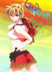 Rule 34 | 1girl, a zumi anzu, back, bad id, bad pixiv id, bandages, beads, belt, blonde hair, blue eyes, braid, breasts, chrono (series), chrono cross, crop top, facial mark, female focus, gloves, hand on own hip, hip focus, jewelry, kid (chrono cross), looking back, midriff, miniskirt, multi-tied hair, necklace, no bra, skirt, smile, solo, sunset, torn clothes, underboob