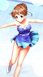 Rule 34 | 1girl, alternate hairstyle, bare arms, bare legs, bare shoulders, blue dress, breasts, brown hair, cleavage, closed mouth, collarbone, doukyuusei another world, dress, game cg, ice skates, ice skating, kakyuusei, lens flare, long hair, medium breasts, non-web source, outstretched arms, pleated dress, red eyes, short dress, short hair, skates, skating, smile, solo, strapless, strapless dress, white footwear, yuuki mizuho