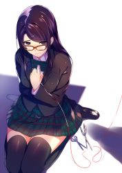 Rule 34 | 1girl, bad id, bad pixiv id, black footwear, black hair, black thighhighs, blazer, breast hold, breasts, buttons, closed mouth, collared shirt, dress shirt, eyebrows, eyes visible through hair, from above, glasses, hair ornament, hairclip, hand on own chest, jacket, loafers, long hair, long sleeves, miniskirt, mole, mole under mouth, original, plaid, plaid skirt, pleated skirt, purple eyes, purple hair, red-framed eyewear, ryuji (ikeriu), school uniform, scissors, shade, shadow, shirt, shoes, sitting, skirt, solo, string, string of fate, swept bangs, thighhighs, wariza, white shirt