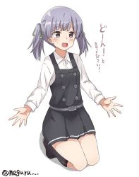 Rule 34 | 1girl, black socks, dress, full body, kantai collection, kneehighs, light purple hair, loafers, long hair, long sleeves, meguru (megurunn), ooshio (kancolle), ooshio kai ni (kancolle), open mouth, outstretched arms, pinafore dress, ribbon, seiza, shirt, shoes, short twintails, simple background, sitting, sleeveless, sleeveless dress, smile, socks, solo, translation request, twintails, twitter username, white background, white ribbon, white shirt