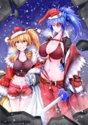 Rule 34 | 2girls, absurdres, annes (g (genesis1556)), arisa (g (genesis1556)), artist name, bare shoulders, belt, bikini, bikini top only, black gloves, black jacket, black tank top, blonde hair, blue eyes, blue hair, blush, breasts, claws, cleavage, closed mouth, collarbone, commentary request, commission, cowboy shot, crop top, dragon girl, dragon horns, dragon tail, eyepatch, fur-trimmed jacket, fur-trimmed shorts, fur trim, g (genesis1556), gloves, grin, groin, hair between eyes, hat, high ponytail, highres, holding, holding sack, holding sword, holding weapon, hole in wall, horns, jacket, large breasts, long hair, long sleeves, looking at viewer, midriff, monster girl, multiple girls, navel, off shoulder, ootachi, open clothes, open fly, open jacket, original, outdoors, pants, ponytail, red belt, red bikini, red headwear, red jacket, red pants, red shorts, sack, santa hat, scales, scar, scar across eye, scar on face, short shorts, shorts, side ponytail, sidelocks, smile, snowing, standing, stitches, stomach, swimsuit, sword, tail, tank top, teeth, underboob, weapon, yellow eyes