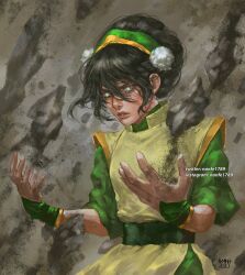 Rule 34 | 1girl, 2021, artist name, avatar: the last airbender, avatar legends, black hair, commentary, cowboy shot, english commentary, green hairband, green shirt, grey eyes, hair between eyes, hair ornament, hairband, instagram username, nanfe, shirt, short sleeves, signature, solo, teeth, toph bei fong, twitter username, yellow hairband