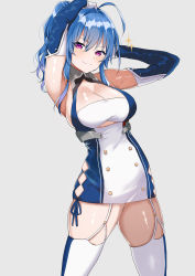 Rule 34 | 1girl, absurdres, ahoge, armpits, arms up, azur lane, bare shoulders, blue hair, blush, breasts, cleavage, dress, elbow gloves, garter straps, gloves, hair between eyes, hair intakes, highres, large breasts, long hair, looking at viewer, purple eyes, ribbon, shirasu uni, sidelocks, skindentation, smile, solo, sparkle, st. louis (azur lane), thighhighs, thighs, white gloves, white thighhighs