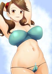 Rule 34 | 10s, 1girl, arms up, bikini, breasts, brown eyes, brown hair, gundam, gundam build fighters, gundam build fighters try, highres, large breasts, matching hair/eyes, pussy juice, sazaki kaoruko, solo, swimsuit, tomatto (@ma!), twintails