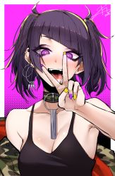 Rule 34 | 1girl, bare shoulders, black tank top, blush, breasts, camouflage, camouflage jacket, choker, cleavage, collarbone, cunnilingus gesture, dated, diagonal bangs, earrings, eyelashes, eyes visible through hair, fangs, idolmaster, idolmaster shiny colors, j.k., jacket, jewelry, looking at viewer, medium breasts, multicolored nails, nail polish, open clothes, open mouth, punk, purple eyes, purple hair, short twintails, signature, smile, solo, tanaka mamimi, tank top, teeth, tongue, tongue out, twintails, upper body, v
