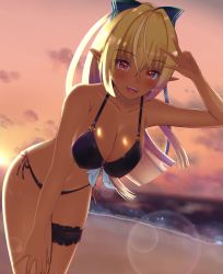 Rule 34 | 1girl, absurdres, beach, bikini, black bikini, blonde hair, blush, bow, breasts, bridal garter, cleavage, covered erect nipples, crossed bangs, dark-skinned female, dark skin, elf, hair bow, hand on own thigh, highres, hololive, huge filesize, large breasts, leaning forward, lens flare, long hair, looking at viewer, melow menow, multicolored hair, o-ring, o-ring bikini, open mouth, pointy ears, ponytail, red eyes, shiranui flare, side-tie bikini bottom, smile, solo, streaked hair, sun, sunset, swimsuit, very long hair, virtual youtuber, w, wind