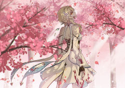 Rule 34 | 1girl, artist name, backless dress, backless outfit, blonde hair, blood, blood on clothes, blood on face, blood on hands, blurry, blurry foreground, cherry blossoms, commentary, cowboy shot, dated, detached sleeves, dress, english commentary, expressionless, genshin impact, gold trim, head tilt, highres, looking at viewer, looking back, lumine (genshin impact), outdoors, petals, sakon04, scarf, short hair, short hair with long locks, single thighhigh, solo, thighhighs, tree, twitter username, white dress, white scarf, white thighhighs, yellow eyes