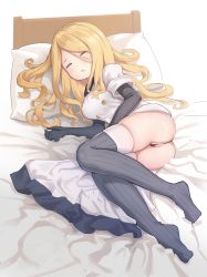 Rule 34 | 1girl, absurdres, ass, bed, black gloves, black panties, blonde hair, breasts, dress, elbow gloves, full body, gloves, highres, juu p, little noah, long hair, lying, medium breasts, noah (little noah), on bed, on side, open mouth, panties, pillow, pussy, ribbed legwear, sleeping, solo, thighhighs, thong, underwear, white dress