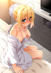 Rule 34 | 1girl, ahoge, artoria pendragon (all), artoria pendragon (fate), bathrobe, bed, blonde hair, blush, breasts, collarbone, desk, embarrassed, fate/stay night, fate (series), green eyes, naked robe, namonashi, nipples, robe, saber (fate), sidelocks, sitting, small breasts, solo, sweatdrop, television, tile floor, tiles, towel, towel on head, videocassette recorder