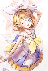 Rule 34 | 1girl, absurdres, ahoge, arm up, blonde hair, blue eyes, bow, commentary, dress, fingerless gloves, gloves, hairband, hairpin, happy, highres, kagamine rin, looking at viewer, mikumikudance, multiple hairpins, nail polish, one eye closed, open mouth, pipi, ribbon, sailor collar, short hair, simple background, sleeveless, sleeveless dress, smile, solo, sour model (mikumikudance), standing, vocaloid, white background, white bow, white gloves, yellow nails, yellow ribbon