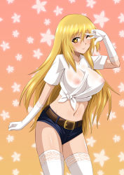 Rule 34 | + +, 1girl, ;), blonde hair, breasts, elbow gloves, gloves, gradient background, impossible clothes, impossible shirt, large breasts, long hair, looking at viewer, midriff, navel, nipples, no bra, one eye closed, see-through, shirt, shokuhou misaki, short shorts, shorts, smile, solo, spider web print, symbol-shaped pupils, thighhighs, toaru kagaku no railgun, toaru majutsu no index, v over eye, wet, wet clothes, wet shirt, white gloves, white thighhighs, wink, yellow eyes, zerosu (take out)