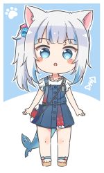 Rule 34 | 1girl, :o, animal ear fluff, animal ears, bag, bare arms, blue background, blue dress, blue eyes, blue hair, blush stickers, brown footwear, cat ears, chibi, commentary, cube hair ornament, dress, english commentary, fins, fish tail, full body, gawr gura, gawr gura (casual), grey hair, hair ornament, highres, hololive, hololive english, looking at viewer, multicolored hair, official alternate costume, parted lips, rutorifuki, sandals, shark tail, shirt, shoulder bag, side ponytail, sleeveless, sleeveless dress, solo, standing, streaked hair, tail, two-tone background, virtual youtuber, white background, white shirt