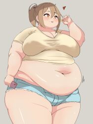 Rule 34 | 1girl, big belly, breasts, brown eyes, brown hair, cellphone, chips (food), cutoffs, fat, fat rolls, food, hair ribbon, highres, large breasts, obese, original, phone, ponytail, potato chips, ribbon, short shorts, shorts, smartphone, solo, thick thighs, thighs, usagirin
