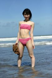 Rule 34 | 1girl, asian, bikini, flat chest, highres, photo (medium), smile, solo, swimsuit, wet