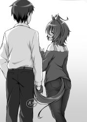 Rule 34 | 1boy, 1girl, :d, absurdres, agnes tachyon (umamusume), ahoge, animal ears, ass, bare shoulders, blush, commentary request, couple, dress shirt, closed eyes, from behind, greyscale, hetero, highres, holding, holding hands, holding with tail, horse ears, horse girl, horse tail, monochrome, off-shoulder shirt, off shoulder, open mouth, pants, prehensile tail, ryochapu, shirt, smile, speech bubble, tail, translation request, umamusume