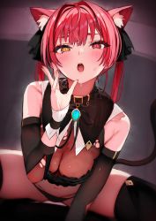 Rule 34 | 1girl, absurdres, animal ear fluff, animal ears, bad id, bad twitter id, black panties, black ribbon, black thighhighs, blush, breasts, cat ears, cat girl, cat tail, cleavage, hand up, heterochromia, highres, hololive, houshou marine, kemonomimi mode, large breasts, long hair, navel, neck ribbon, open mouth, panties, pomesaurus, red eyes, red hair, ribbon, see-through, see-through cleavage, solo, sweat, sweatdrop, tail, teeth, thighhighs, twintails, underwear, upper teeth only, virtual youtuber, yellow eyes
