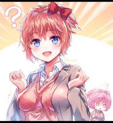 Rule 34 | 2girls, aicedrop, blue eyes, blush, bow, breast envy, breasts, doki doki literature club, hair bow, hair ornament, letterboxed, looking at viewer, multiple girls, natsuki (doki doki literature club), open mouth, pink hair, red bow, ribbon, sayori (doki doki literature club), school uniform, short hair, smile