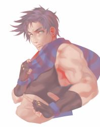 Rule 34 | 1boy, bare shoulders, battle tendency, black gloves, blue scarf, closed mouth, commentary request, cropped torso, fingerless gloves, from side, gloves, green eyes, jojo no kimyou na bouken, joseph joestar, joseph joestar (young), litra (ltr0312), looking at viewer, male focus, muscular, muted color, purple hair, scarf, simple background, smile, solo, striped clothes, striped scarf, tank top, upper body, white background, wristband