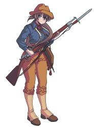 Rule 34 | 1girl, bandana, bayonet, blue shirt, blush, boots, breasts, brown footwear, brown hat, brown pants, brups tv, collared shirt, commission, cowboy hat, cowboy western, gun, hair behind ear, hat, highres, holding, holding gun, holding weapon, large breasts, original, pants, red bandana, rifle, shirt, shirt tucked in, short twintails, solo, spanish-american war, twintails, weapon, white background