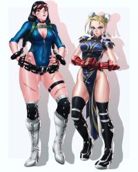 Rule 34 | 2girls, alternate costume, alternate hairstyle, black hair, blonde hair, blue eyes, boots, bracelet, breasts, brown eyes, bun cover, cammy white, capcom, chinese clothes, chun-li, cleavage, cosplay, costume switch, cracking knuckles, cross-laced footwear, double bun, fingerless gloves, full body, gloves, goggles, goggles on head, h potemkin, hair bun, hairstyle switch, highres, jewelry, leotard, looking at viewer, multiple girls, official alternate costume, street fighter, street fighter v, thigh boots, thighhighs