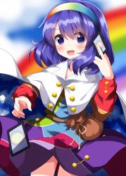 Rule 34 | 1girl, ability card (touhou), belt, blue cape, blue eyes, blue hair, brown bag, brown belt, buttons, cape, card, cloak, cloud print, cowboy shot, dress, hairband, happy, highres, holding, holding card, long sleeves, medium hair, multicolored clothes, multicolored dress, multicolored hairband, one-hour drawing challenge, open mouth, patchwork clothes, purple hair, rainbow, rainbow gradient, ruu (tksymkw), sky print, solo, tenkyuu chimata, touhou, two-sided cape, two-sided fabric, two-tone cape, white cape, white cloak, zipper