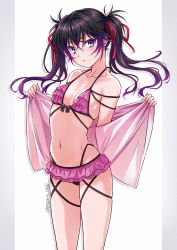 Rule 34 | 1girl, bare shoulders, bikini, black hair, blue eyes, blush, breasts, closed mouth, collarbone, commentary request, gradient hair, hair ribbon, halterneck, isshi pyuma, layered bikini, long hair, looking at viewer, multicolored hair, navel, off shoulder, open clothes, open shirt, original, pink bikini, pink shirt, purple hair, red ribbon, ribbon, shirt, small breasts, solo, standing, stomach, swimsuit, twintails, twitter username, two-tone background, v-shaped eyebrows