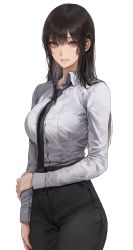 Rule 34 | 1girl, arm at side, black hair, black necktie, black pants, breasts, collared shirt, commentary, cowboy shot, dress shirt, grey eyes, grin, high-waist pants, highres, holding own arm, kim eb, large breasts, long hair, long sleeves, looking at viewer, mole, mole on neck, mole under eye, mole under mouth, necktie, original, pants, shirt, simple background, smile, solo, standing, white background, white shirt