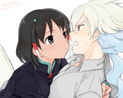 Rule 34 | 1boy, 1girl, bad id, bad pixiv id, blouse, breasts, collared shirt, face, frown, gender request, genderswap, grey shirt, hakuryuu (inazuma eleven), hirosuke, image sample, inazuma eleven, inazuma eleven (series), inazuma eleven go, mabui (poloon), md5 mismatch, medium breasts, pixiv sample, shirt, shuu (inazuma eleven), simple background, spiked hair, white background