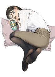 Rule 34 | 1girl, :d, alcohol, beer can, black hair, black pantyhose, blush, brown eyes, brown hair, brown skirt, can, choppy bangs, commentary request, curled up, drink can, earrings, feet, fetal position, highres, holding, holding can, jewelry, legs together, light blush, looking at viewer, lying, medium hair, no shoes, office lady, on pillow, open mouth, original, pantyhose, pencil skirt, pillow, see-through, see-through legwear, shirt, simple background, skirt, smile, soles, solo, stud earrings, teeth, toe seam, toes, upper teeth only, white background, white shirt, yomu (sgt epper)