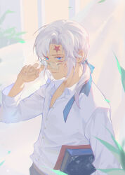 Rule 34 | 1boy, absurdres, adjusting eyewear, allen walker, blue eyes, blue ribbon, book, closed mouth, curtains, d.gray-man, dress shirt, facial mark, falling leaves, fxmao-, glasses, hair between eyes, hair ribbon, highres, holding, holding book, indoors, leaf, light smile, long sleeves, looking at viewer, male focus, medium hair, partially unbuttoned, ponytail, ribbon, shirt, shirt tucked in, smile, solo, upper body, white hair, white shirt