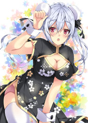 Rule 34 | 1girl, arm up, black dress, black ribbon, blush, breasts, china dress, chinese clothes, cleavage, cleavage cutout, clothing cutout, covered navel, cowboy shot, double bun, dress, floating hair, hair between eyes, hair bun, hair ribbon, highres, leaning forward, long hair, looking at viewer, matoi (pso2), medium breasts, milkpanda, open mouth, panties, phantasy star, phantasy star online 2, pink panties, ribbon, short sleeves, silver hair, solo, standing, thighhighs, twintails, underwear, white background, white thighhighs, wrist cuffs