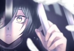 Rule 34 | 1boy, bars, black hair, black jacket, blurry, blurry foreground, brown eyes, close-up, commentary request, danganronpa (series), danganronpa v3: killing harmony, depth of field, hand up, jacket, looking at viewer, male focus, parted lips, porary, saihara shuichi, short hair, solo, striped clothes, striped jacket