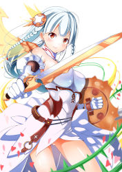Rule 34 | 1girl, absurdres, armor, braid, byte (allbyte), gloves, heart, highres, light valkyrie (p&amp;d), long hair, puzzle &amp; dragons, red eyes, shield, shizuka (deatennsi), silver hair, smile, solo, standing, sword, twin braids, valkyrie (p&amp;d), weapon, wings