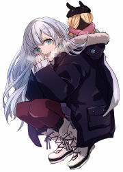 Rule 34 | 1girl, anastasia (fate), blue eyes, coat, doll, fate/grand order, fate (series), hood, hooded coat, long hair, pantyhose, silver hair, sleeves past wrists, solo, squatting, tsengyun, very long hair, viy (fate), white background, winter clothes, winter coat