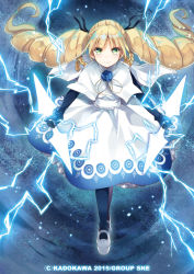 Rule 34 | 1girl, backlighting, black gloves, black pantyhose, blonde hair, blue flower, blue ribbon, blue rose, braid, capelet, clenched hands, closed mouth, commentary request, company name, dreadnought (tcg), dress, drill hair, dual wielding, elbow gloves, electricity, floating hair, flower, flying, full body, gloves, glowing, glowing weapon, green eyes, hair ribbon, hair rings, holding, holding weapon, light particles, long hair, looking at viewer, magic, official art, pantyhose, petticoat, platform footwear, print dress, ribbon, rose, shoes, smile, solo, twin drills, twintails, weapon, white capelet, white dress, white footwear, wind, wind lift, yamadori ofuu