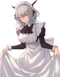 Rule 34 | 1girl, absurdres, after3310, arknights, ascot, black ascot, black dress, black ribbon, bow, breasts, clothes lift, commission, dragon horns, dress, dress lift, grey eyes, grey hair, highres, horns, large breasts, lifting own clothes, long sleeves, maid, maid day, one eye closed, ribbon, second-party source, short hair with long locks, simple background, solo, talulah (arknights), two-tone dress, white background, white bow, white dress