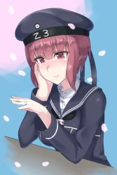 Rule 34 | 10s, 1girl, blush, brown eyes, brown hair, clothes writing, dress, hand on own cheek, hand on own face, hat, head rest, highres, jewelry, kantai collection, long sleeves, mizuumi (bb), petals, ring, sailor collar, sailor dress, sailor hat, short hair, smile, solo, wedding band, z3 max schultz (kancolle)